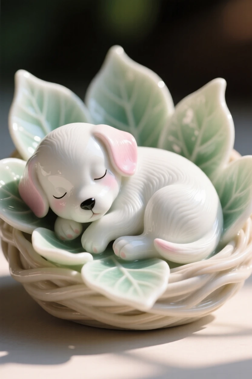 A tiny puppy tucked into a nest of soft leaves, bathed in warm dappled sunlight.