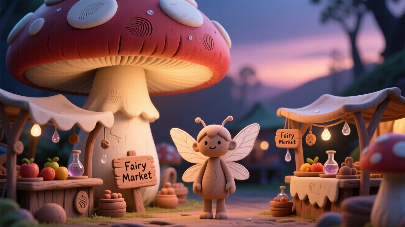 A fairy market glowing beneath giant toadstools at twilight