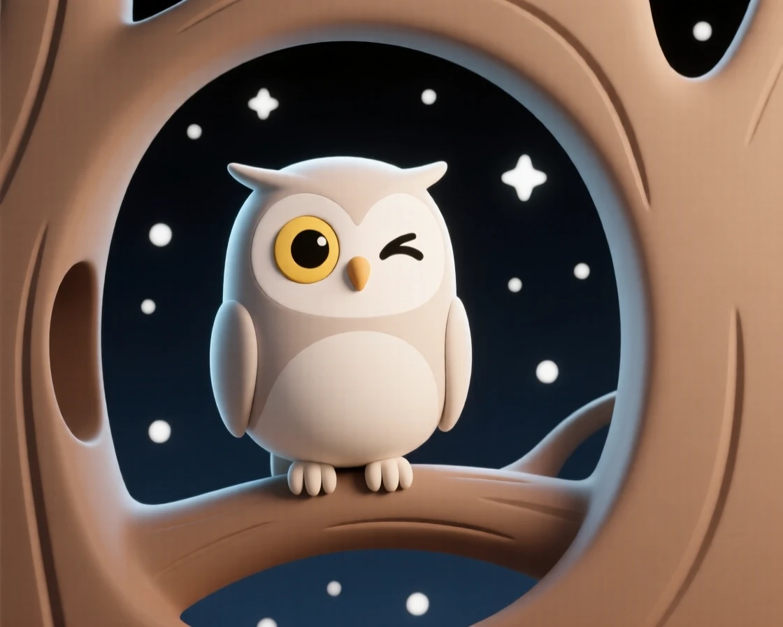 A curious owl blinks large golden eyes from a hollow tree branch under a starlit sky.