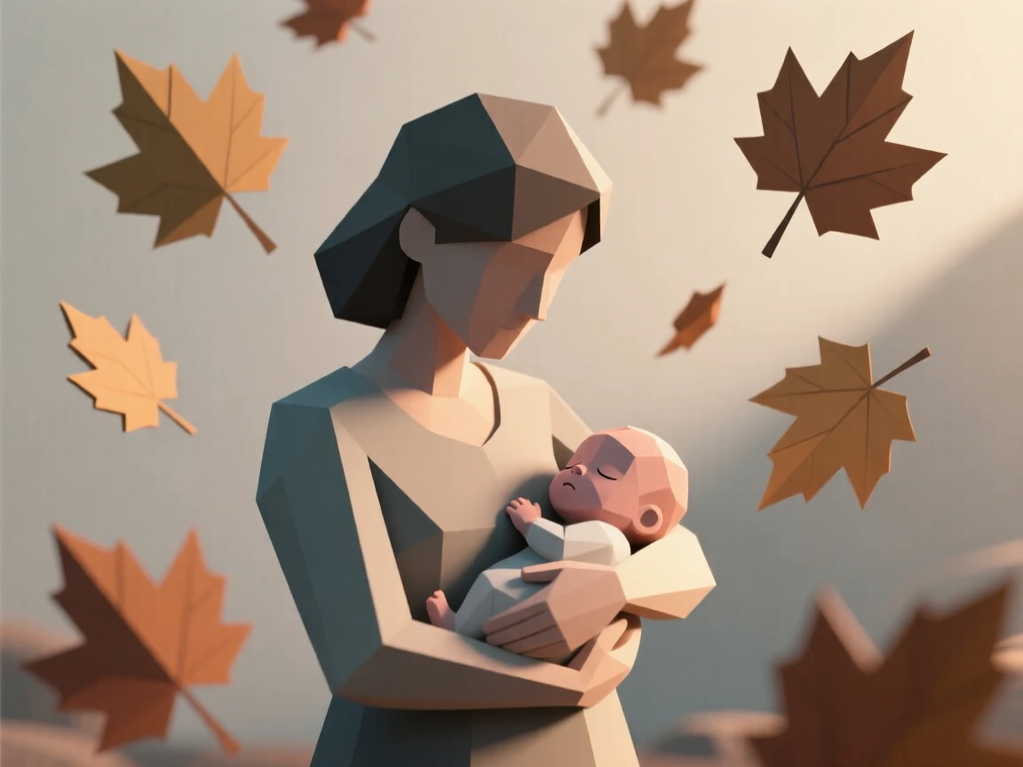A mother cradling her sleeping newborn, beneath falling autumn leaves. soft backlighting creates a warm, glowing silhouette. There is a quiet sense of determination.