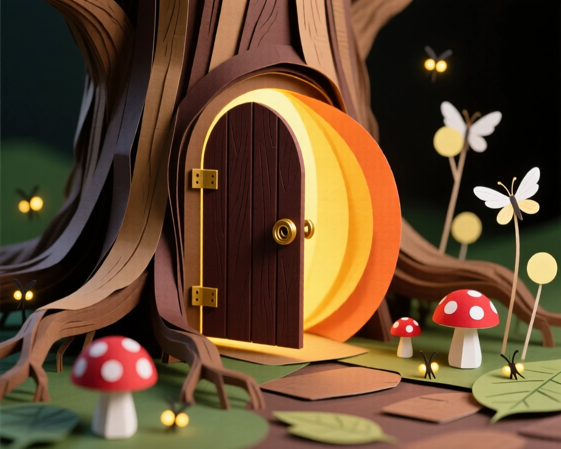 A hidden door built into the base of an ancient tree, warm golden light spilling out from within, tiny mushrooms and fireflies surrounding the entrance, evoking magical discovery.