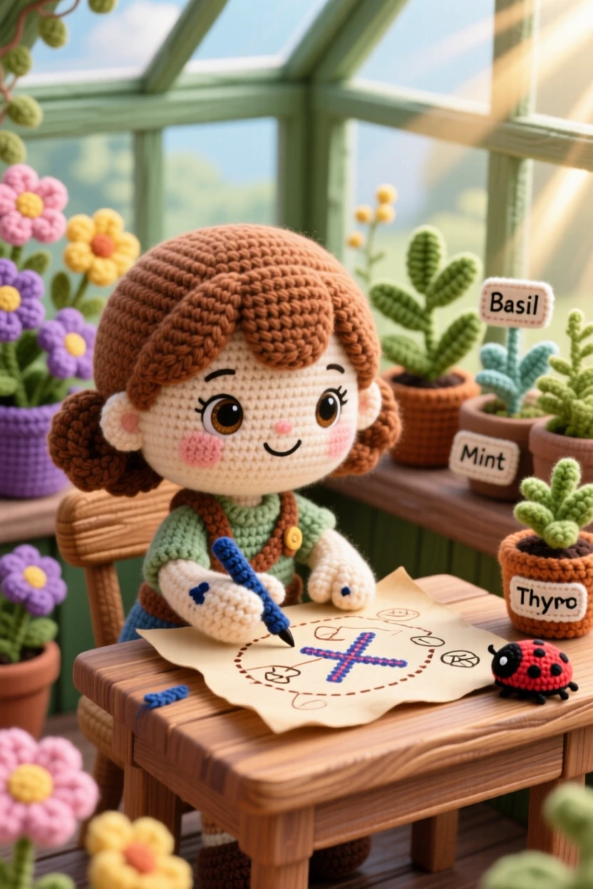 a young cartographer girl, with ink-stained fingers, is captured drawing a treasure map at a wooden desk in a cheerful greenhouse filled with blooming flowers beside a potted herb garden on the sill, radiating quiet contentment in simple daily work.