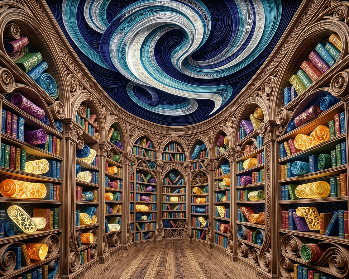 a magical library with floating glowing books, beneath a sky swirling with the northern lights, captured from a sweeping cinematic wide angle, in deep midnight blues accented with silver.