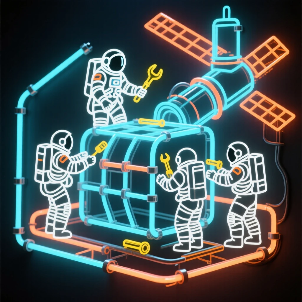 A team of astronauts constructing a new module on a space station.