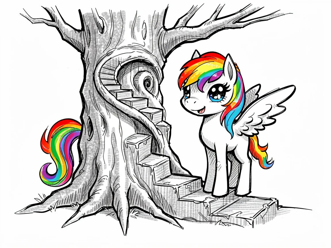 A rainbow-maned pegasus foal beside a spiral staircase carved into a tree.