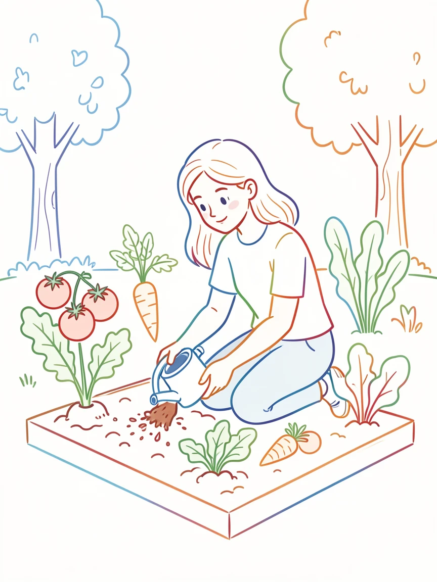 A person tending to a small vegetable garden in their backyard.