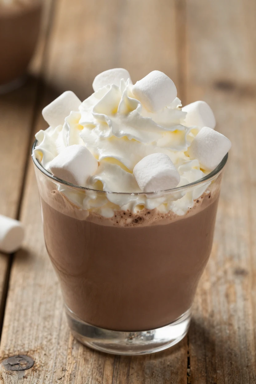 A cup of hot chocolate topped with whipped cream and marshmallows