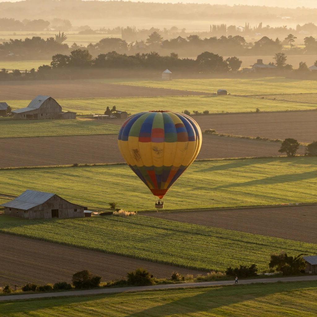 A hot air balloon drifts low over a patchwork of farmland at sunrise.