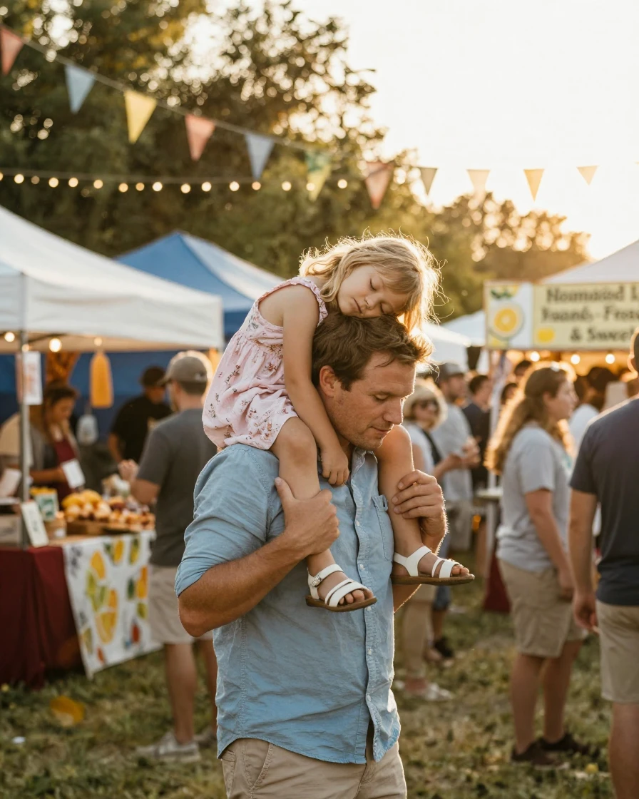 A father carrying his sleeping daughter on his shoulders through a crowded festival