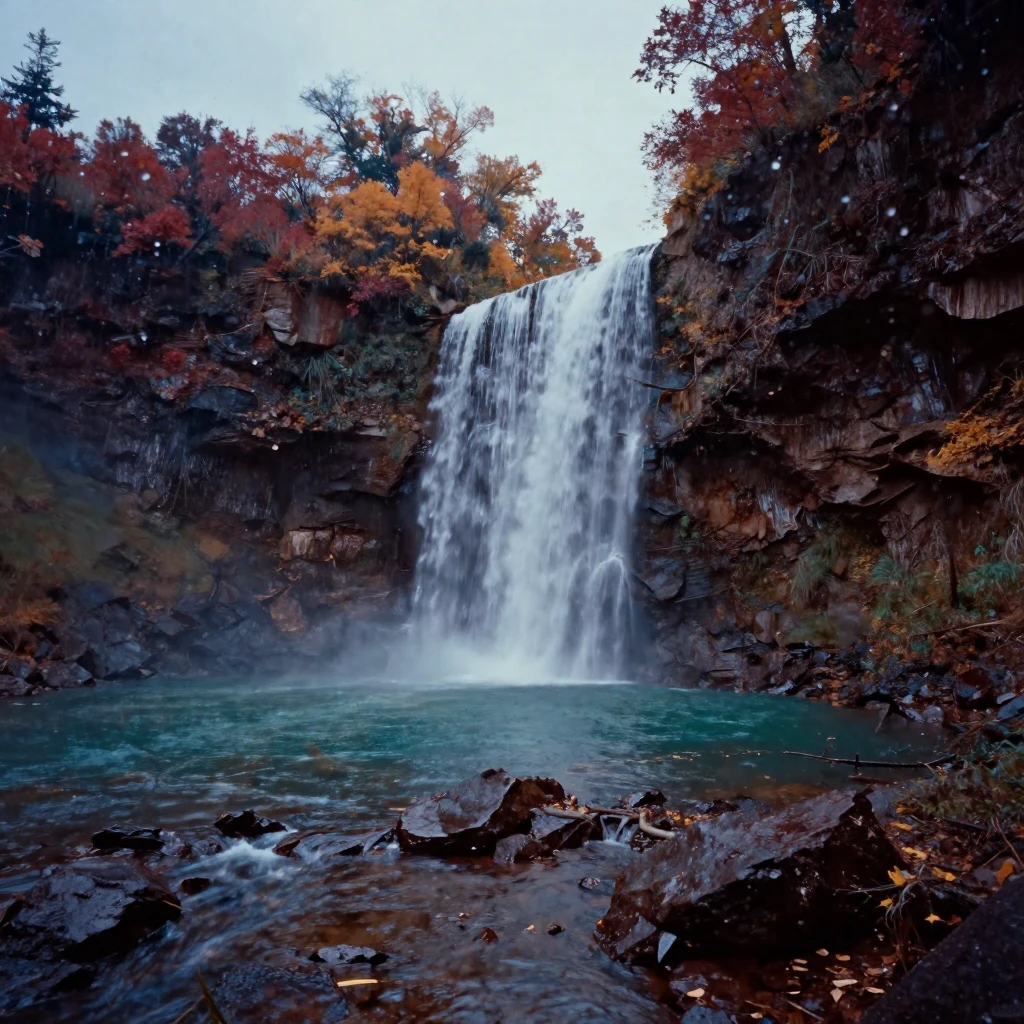 A waterfall feeding a turquoise pool deep in a river canyon, in cool blue twilight, as heat shimmers over the ground, in late autumn, with rich burgundy and gold accents, through a rain-streaked window.