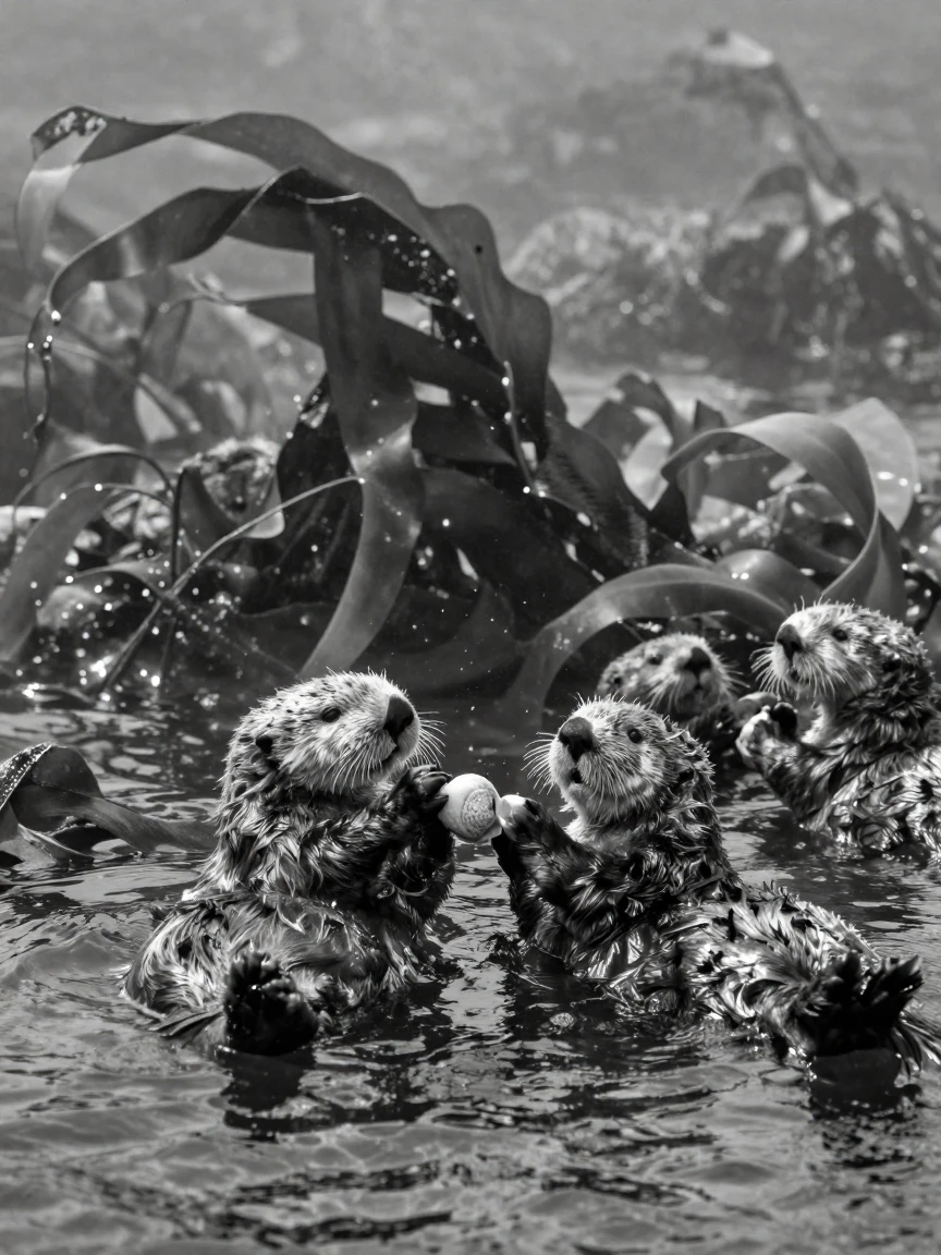 A group of sea otters floats on its back cracking open a shell near a sunlit kelp forest.