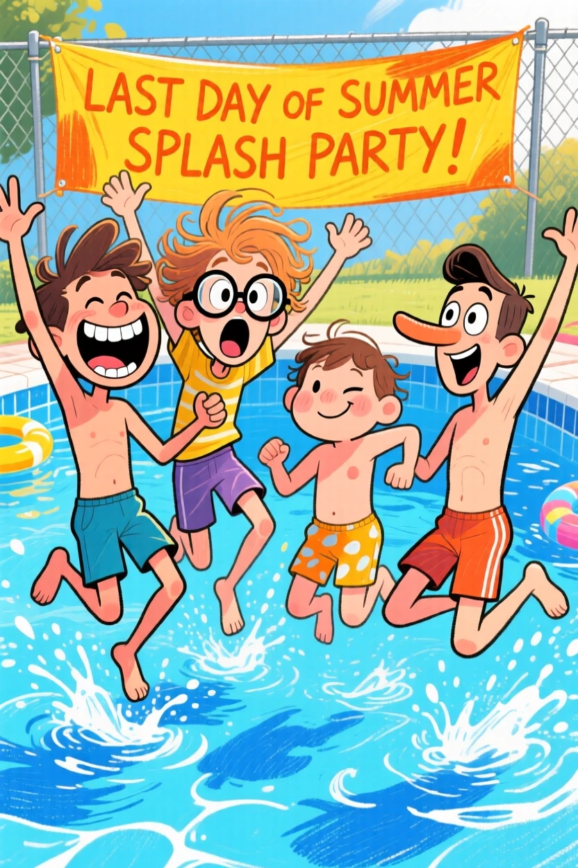 A group of friends jumping into a pool together on the last day of summer.