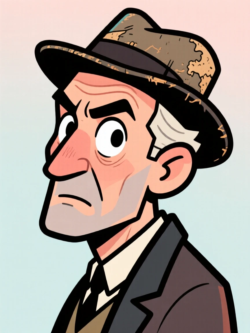 A charming portrait of a serious professor, tilting their head curiously with a wide-eyed expression, wearing their favorite well-worn hat.
