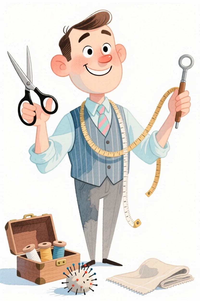 A tailor posing with the instruments of their craft