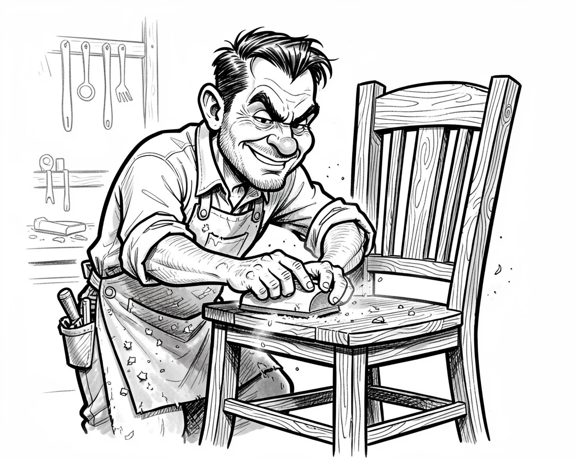 [Occupations & Hobbies] Detailed scene of a skilled carpenter sanding a handmade wooden chair, showcasing skill and dedication