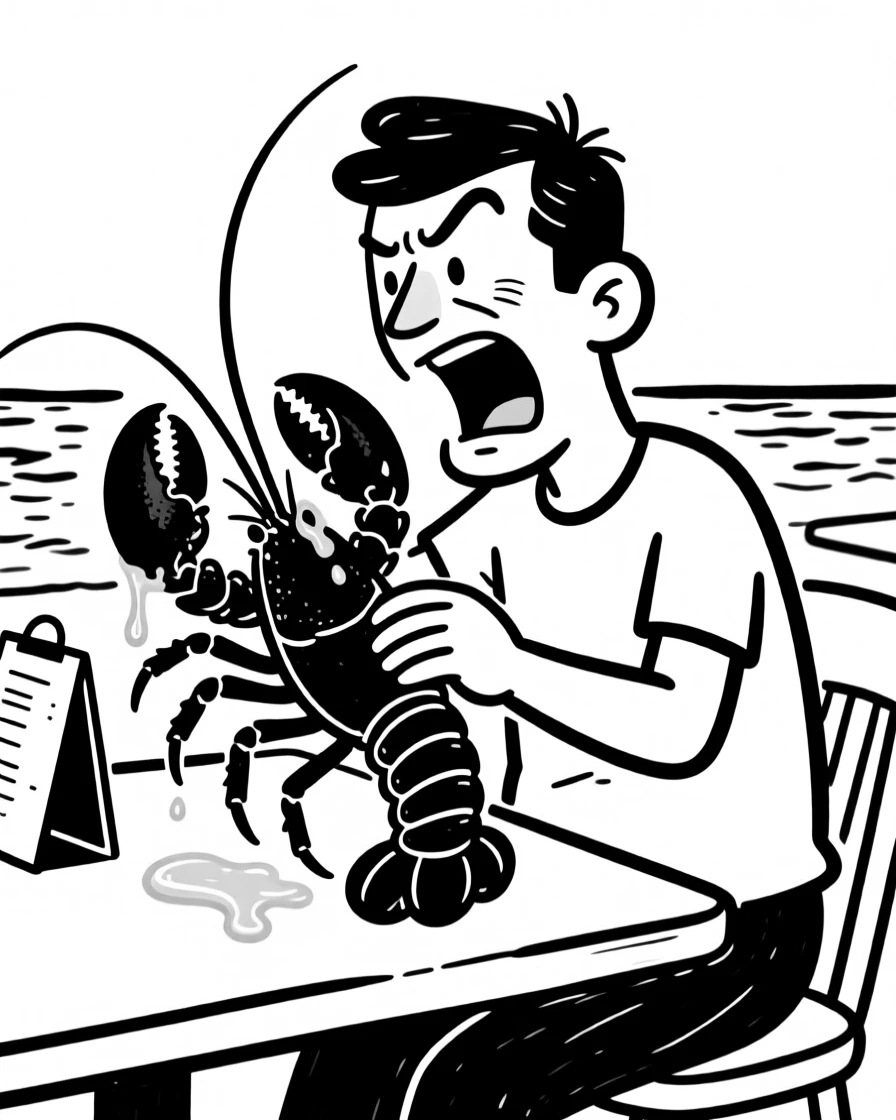 A person cracking open a lobster at a seaside restaurant, butter dripping.