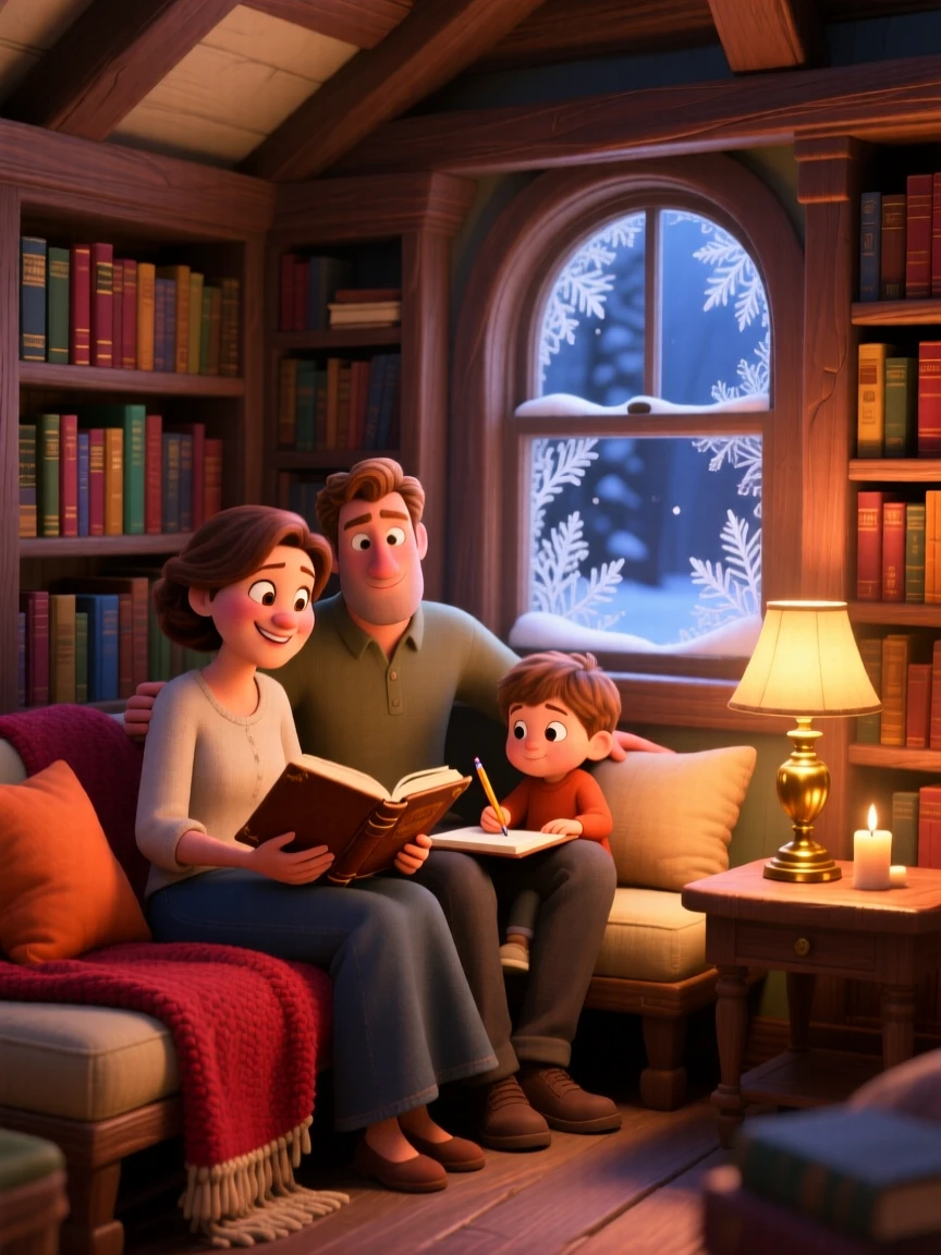 A small family gathered together sits in a small library nook stacked with old books, writing softly in a leather journal. The mood is snug, tender, and softly domestic, with frost patterns tracing the windowpane.