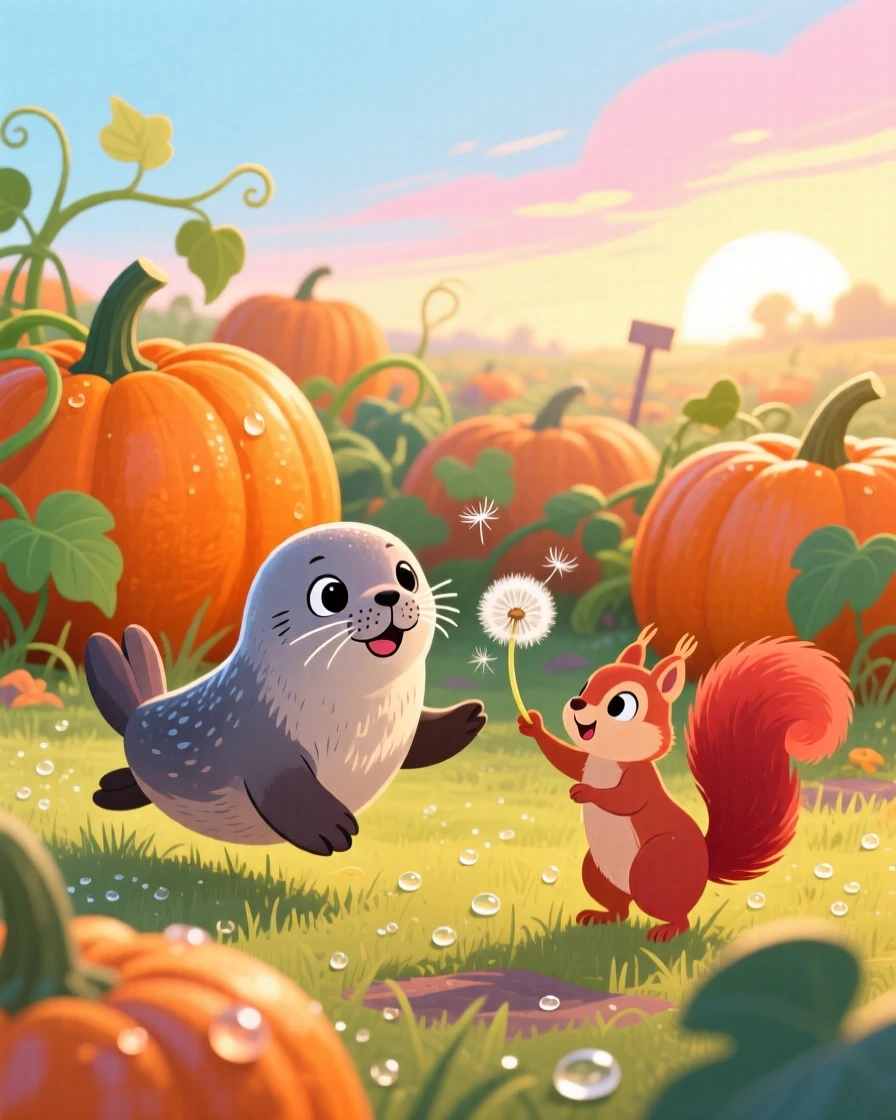 Near a pumpkin patch, a whiskered seal pup is chasing a floating dandelion seed alongside a small woodland friend, as morning dew glistens on the grass.