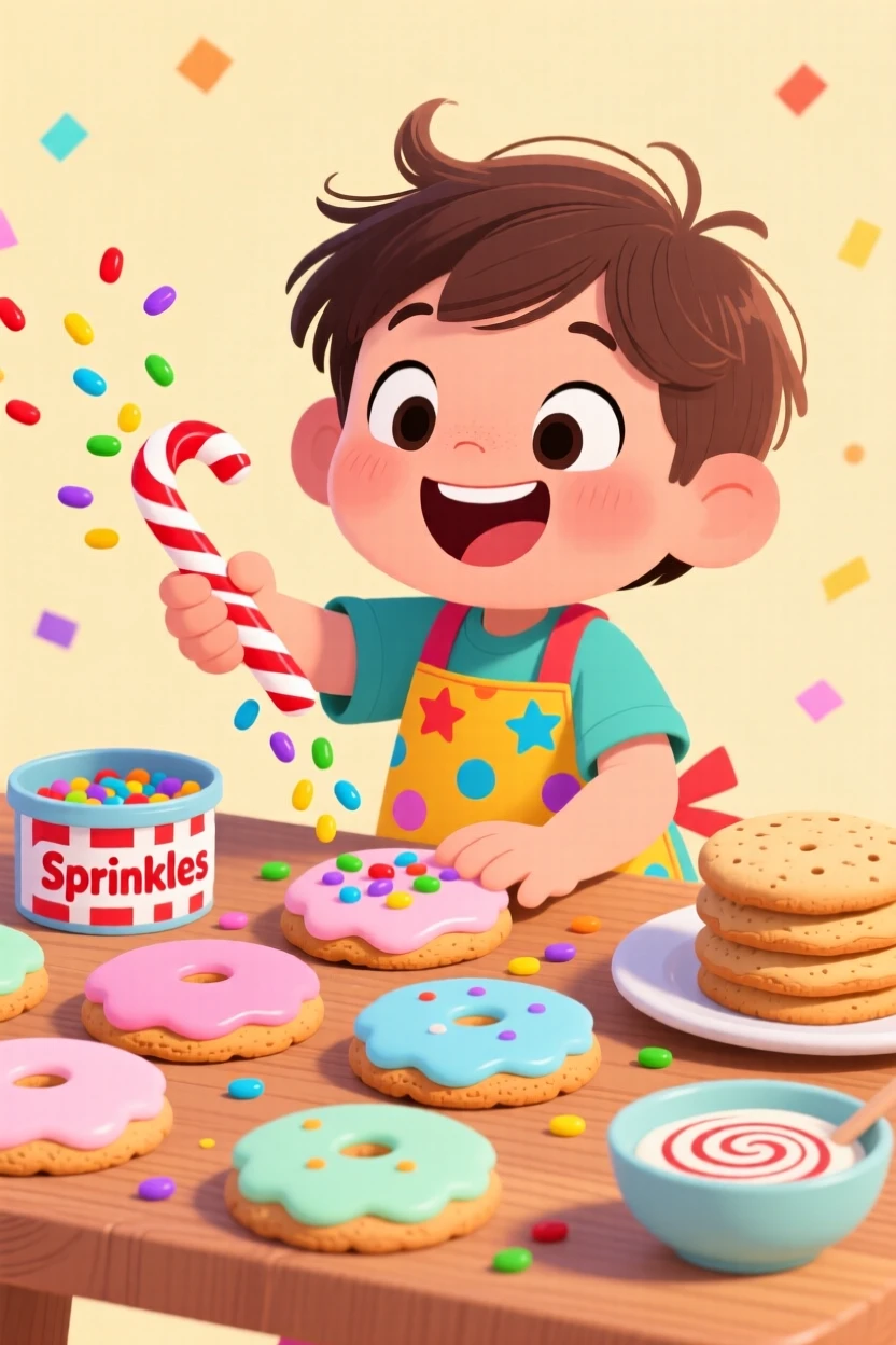 A child decorating cookies with colorful sprinkles.