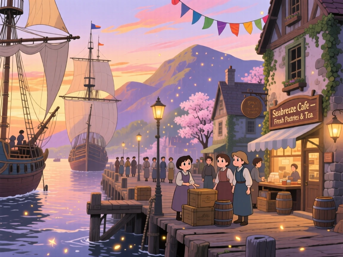 A scenic view of a historic harbor town with tall ships docked at the pier, with distant mountains framing the skyline.