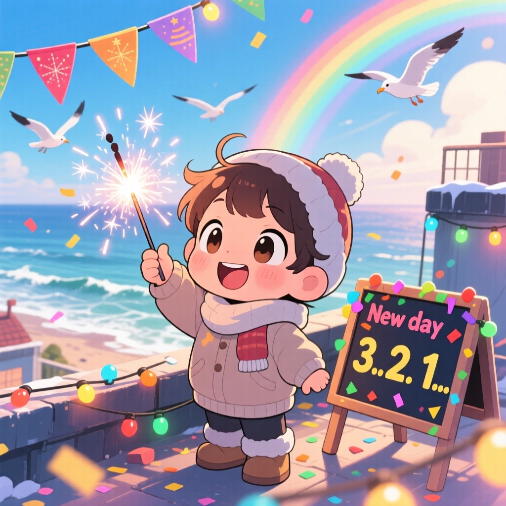 A small child counting down with a sparkler at midnight, framed as a three-quarter view within a rooftop New Year's celebration, on a breezy coastal afternoon, glowing under bright rainbow-tinted light, evoking bubbly enthusiasm.
