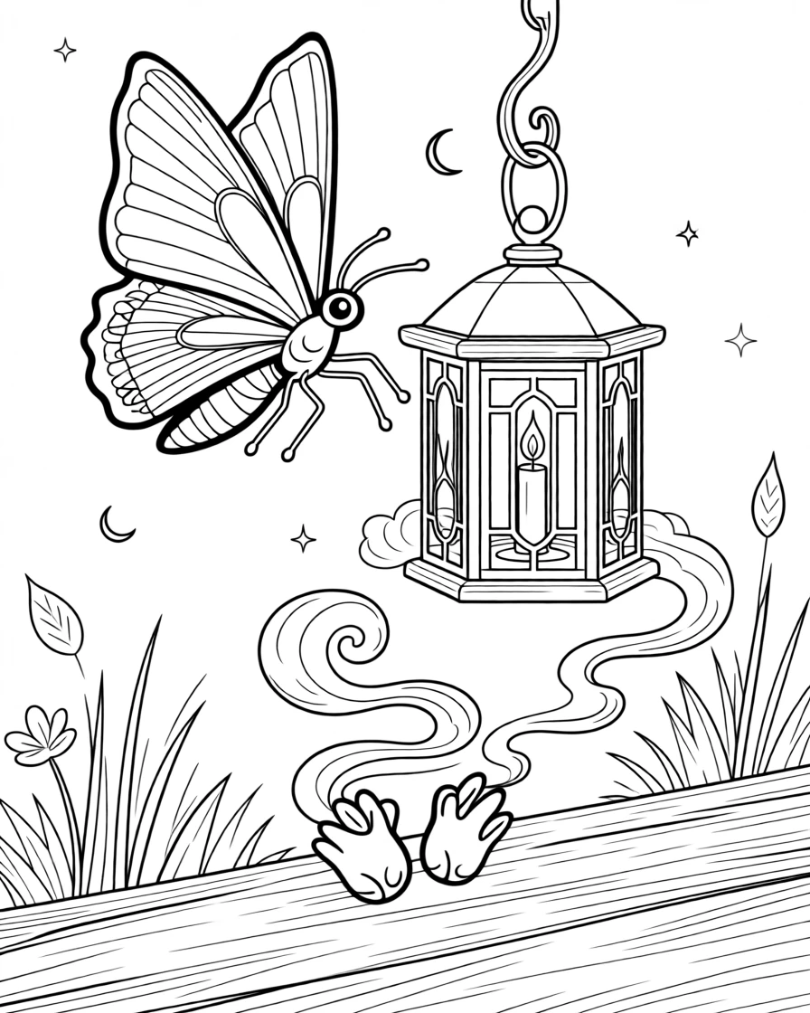 A moth drawn toward a glowing lantern at night, with mist curling around its paws.
