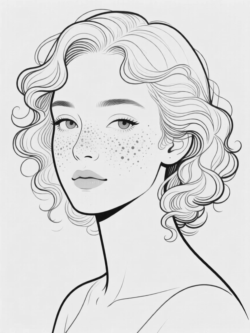 A portrait of a woman with freckles and curly hair
