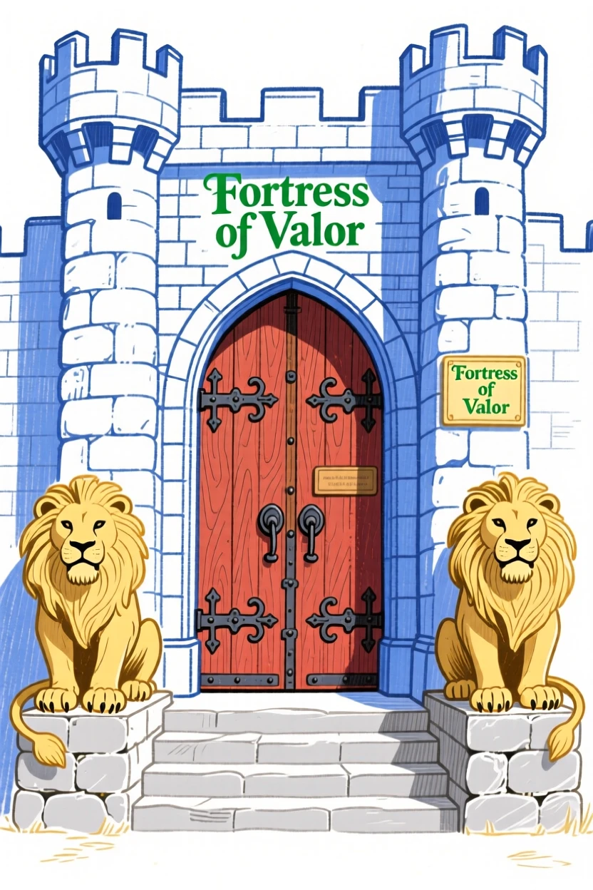 A castle gate guarded by two carved stone lions.