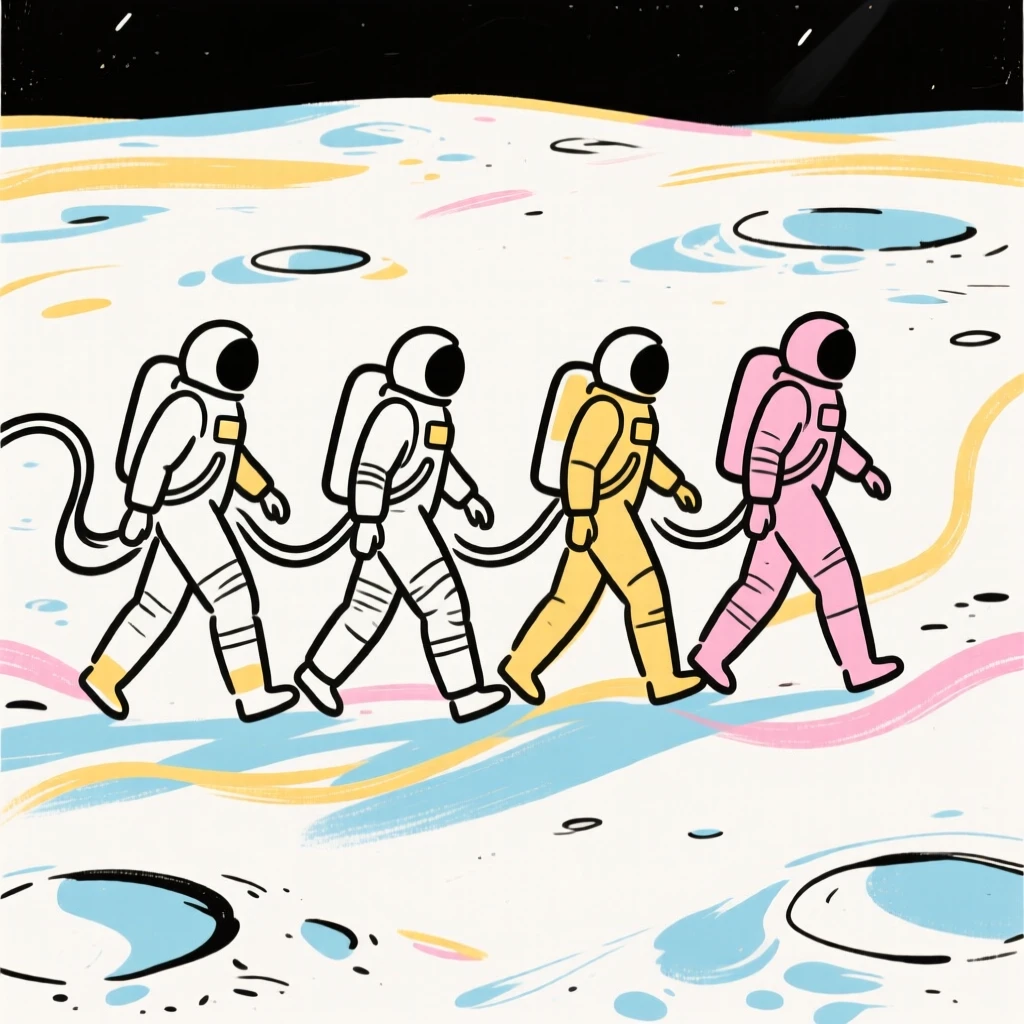 A group of astronauts walking together across the lunar surface.