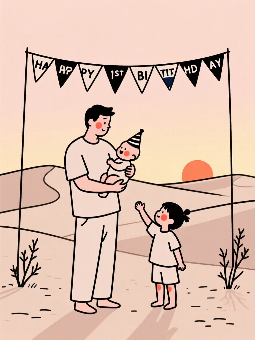 A father and his children of Cuban heritage celebrating a baby's first birthday, in a desert at golden hour.