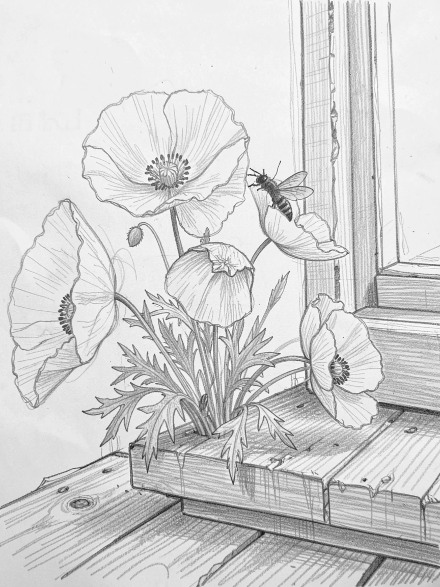 A handful of wild poppies on a weathered wooden windowsill, with a bee gently landing on one bloom.