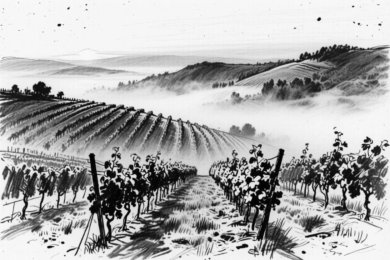 A rolling vineyard hillside with mist rising gently at first light.