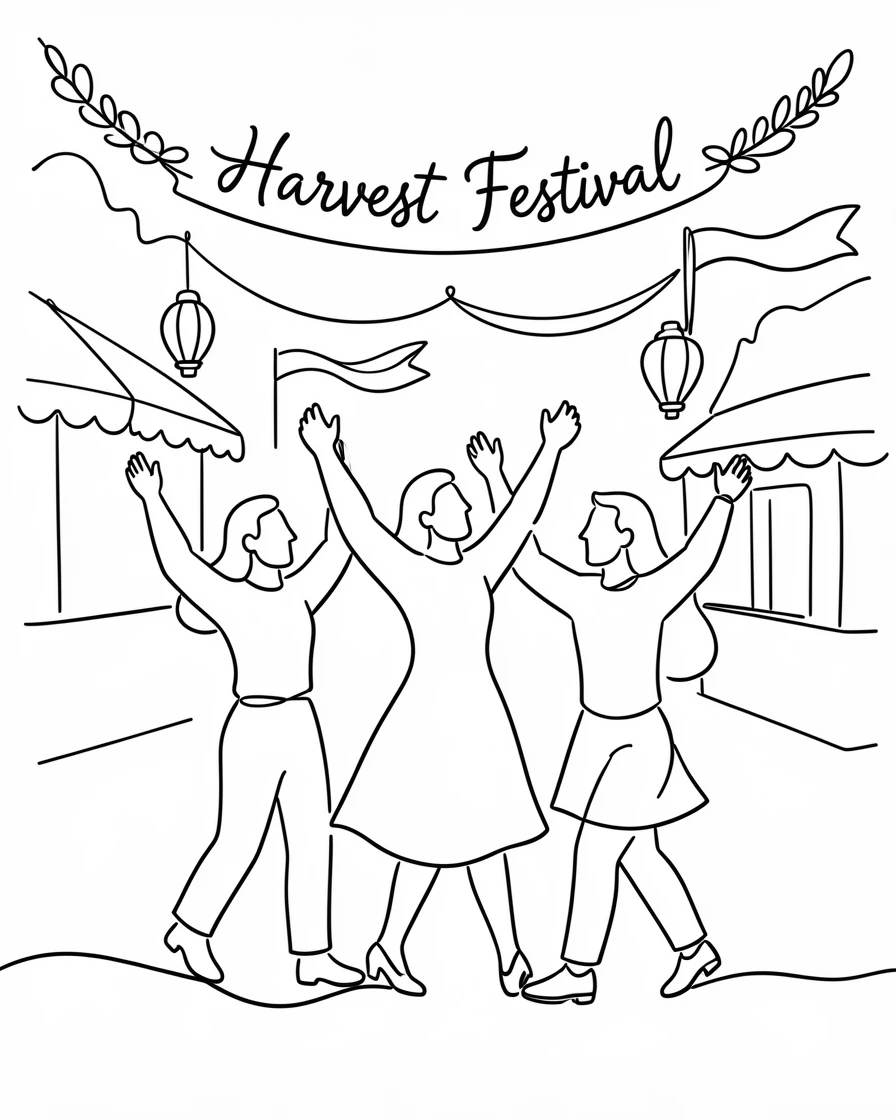 A group celebrating a harvest festival gathers to celebrate the season in a decorated town square.