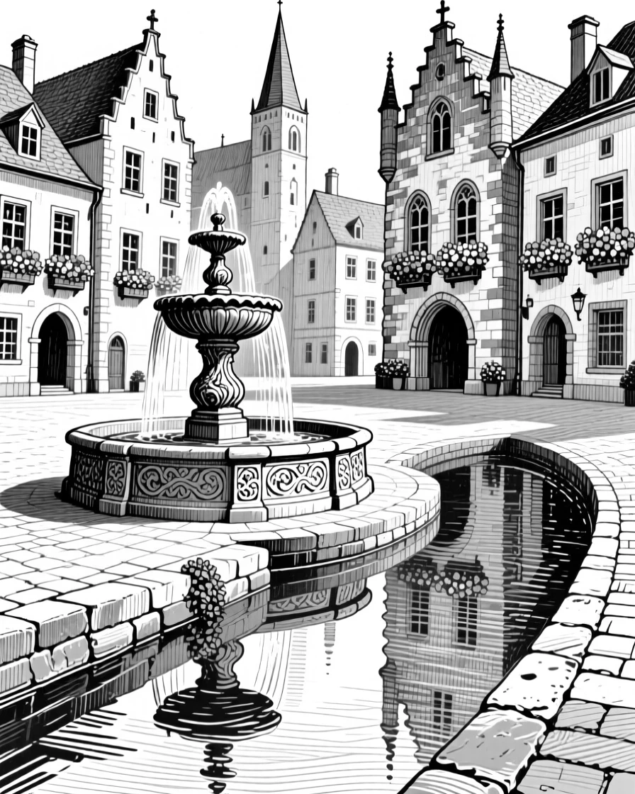 A medieval town square with a fountain reflected in a still canal, featuring flower boxes lining every window, rendered in a majestic and imposing architectural composition.