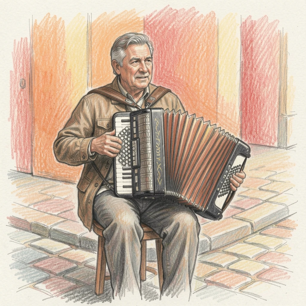 A street musician playing an accordion on a cobblestone corner, with warm background tones that keep the focus on the subject, celebrating everyday beauty and genuine emotion.