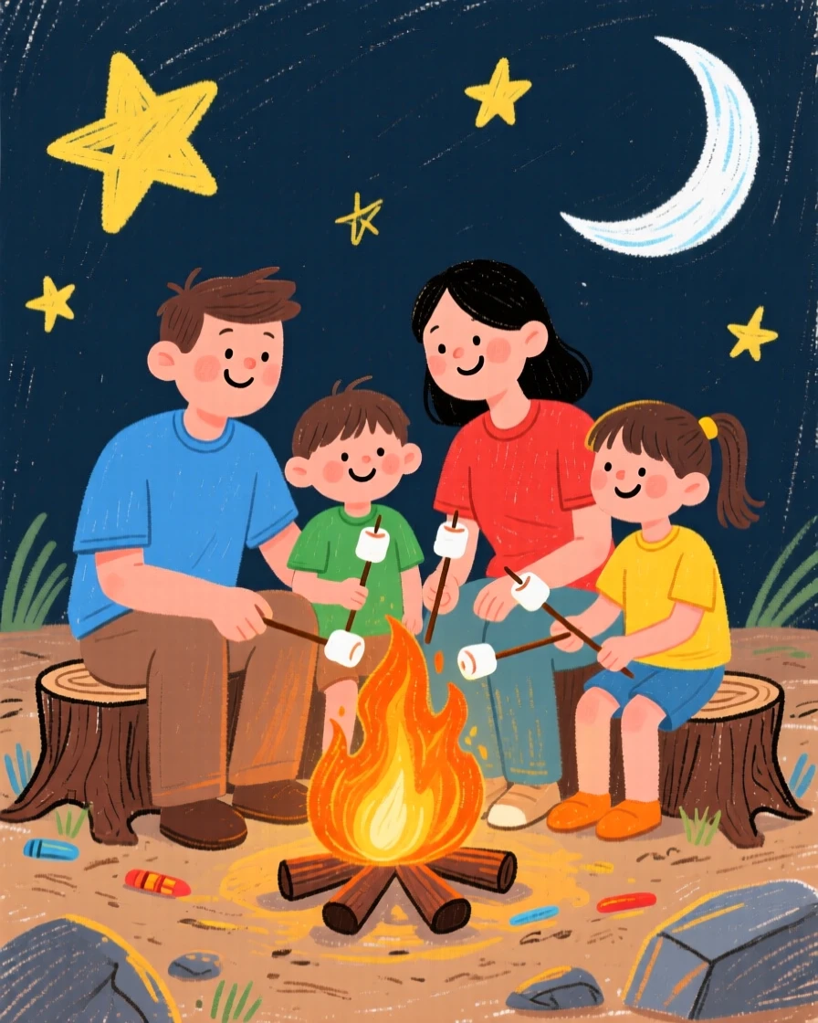 A family of four roasting marshmallows over a glowing campfire.