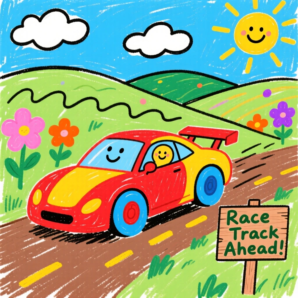 A sleek race car driving through a sunny countryside.