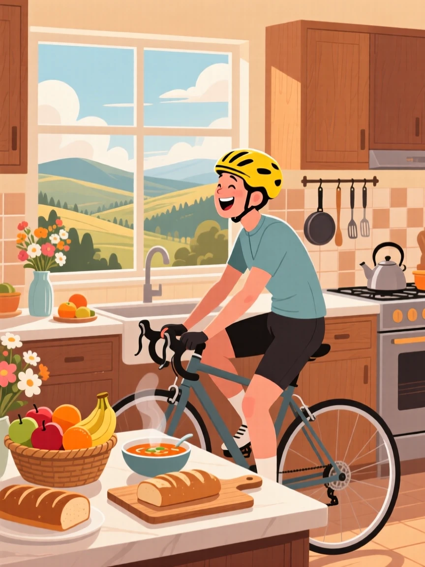 A cyclist pausing to admire a scenic overlook during a ride, in a warm, inviting kitchen filled with the smell of fresh food, captured mid-laugh with authentic energy, with a sense of warmth and togetherness in every detail.