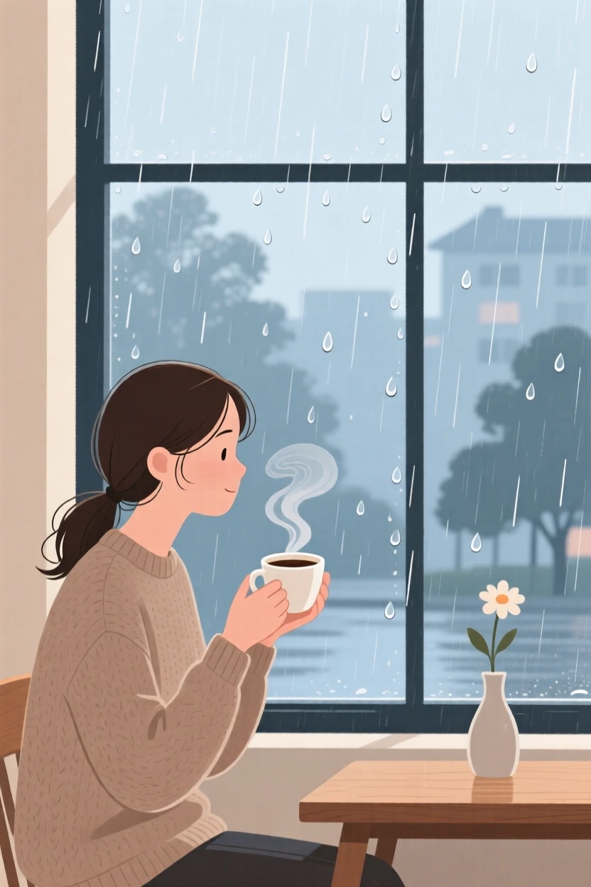 A young woman enjoying a quiet cup of coffee by a window on a rainy morning.