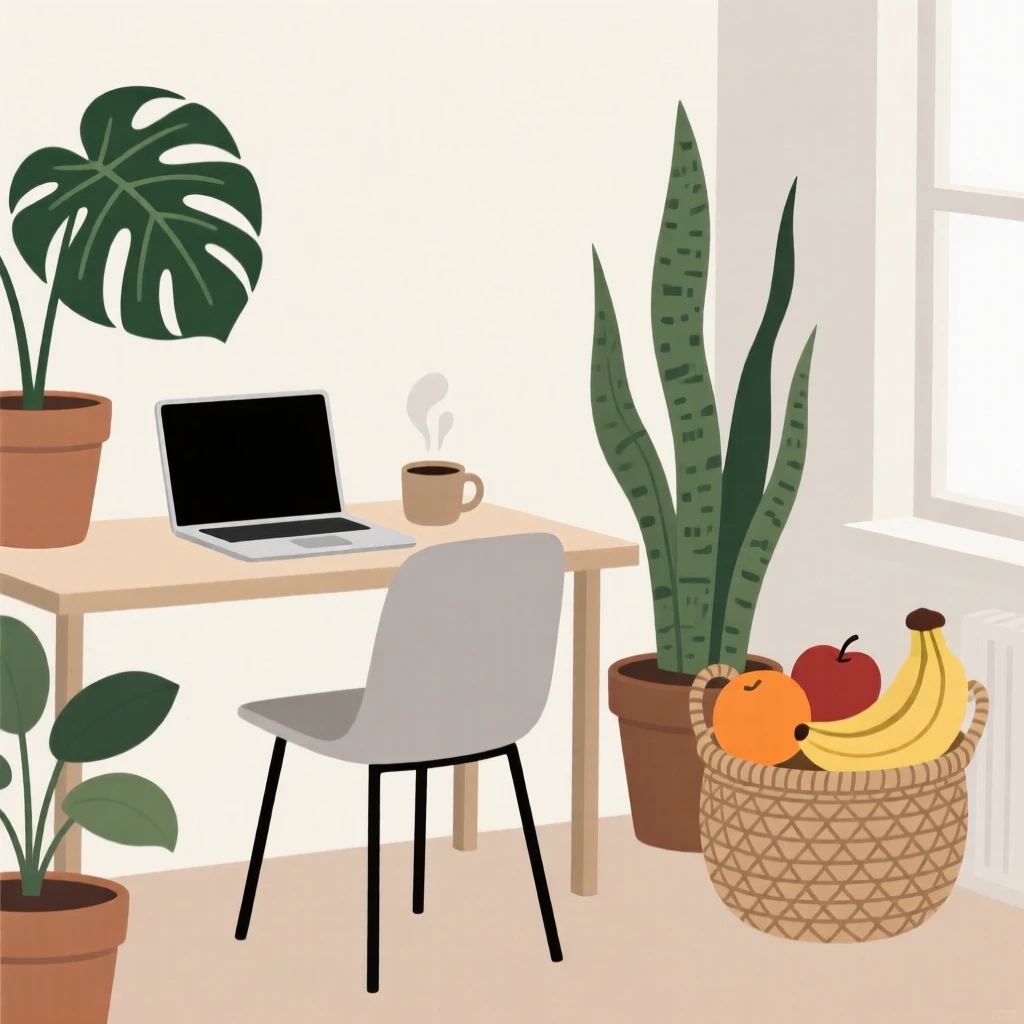 A morning scene of home office corner resting in a plant-filled apartment beside a woven basket of fruit, radiating homey warmth.