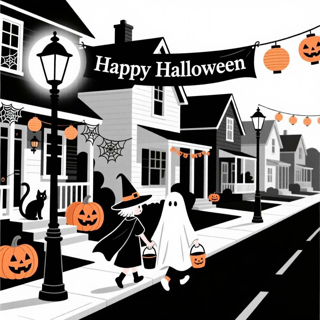 A Halloween trick-or-treat scene on a decorated street.