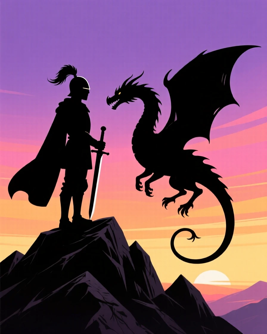 A knight and a dragon facing each other peacefully atop a mountain at dawn.
