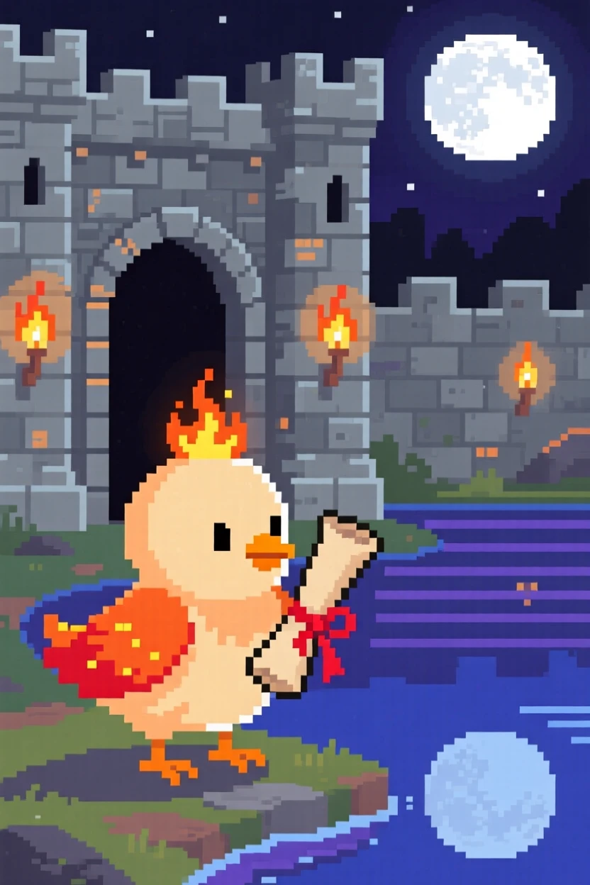 A phoenix chick with tiny embers for feathers delivering a scroll to a castle gate, beside a lake reflecting two moons.