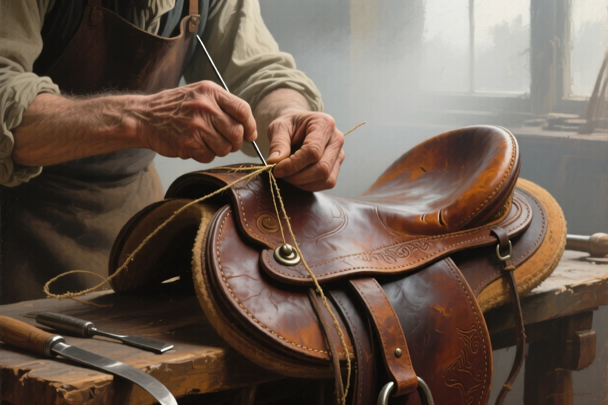 An intimate close-up of a leatherworker stitching a saddle by hand, in the early 19th century, in thick fog.