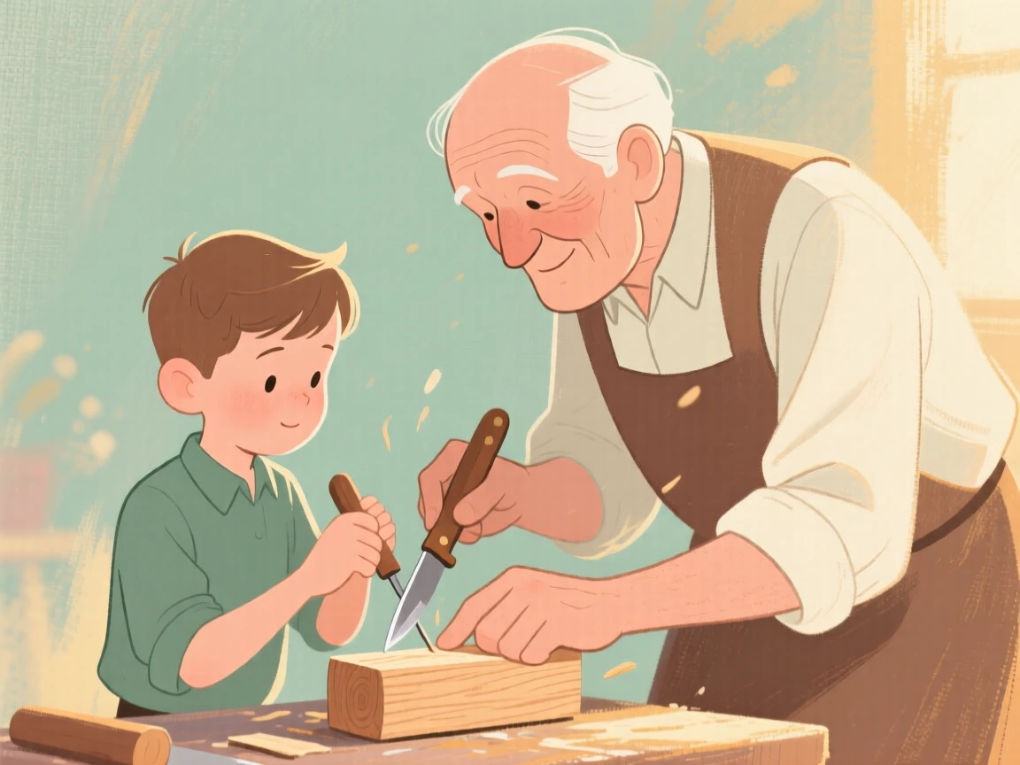 A grandfather teaching his grandson to whittle a piece of wood
