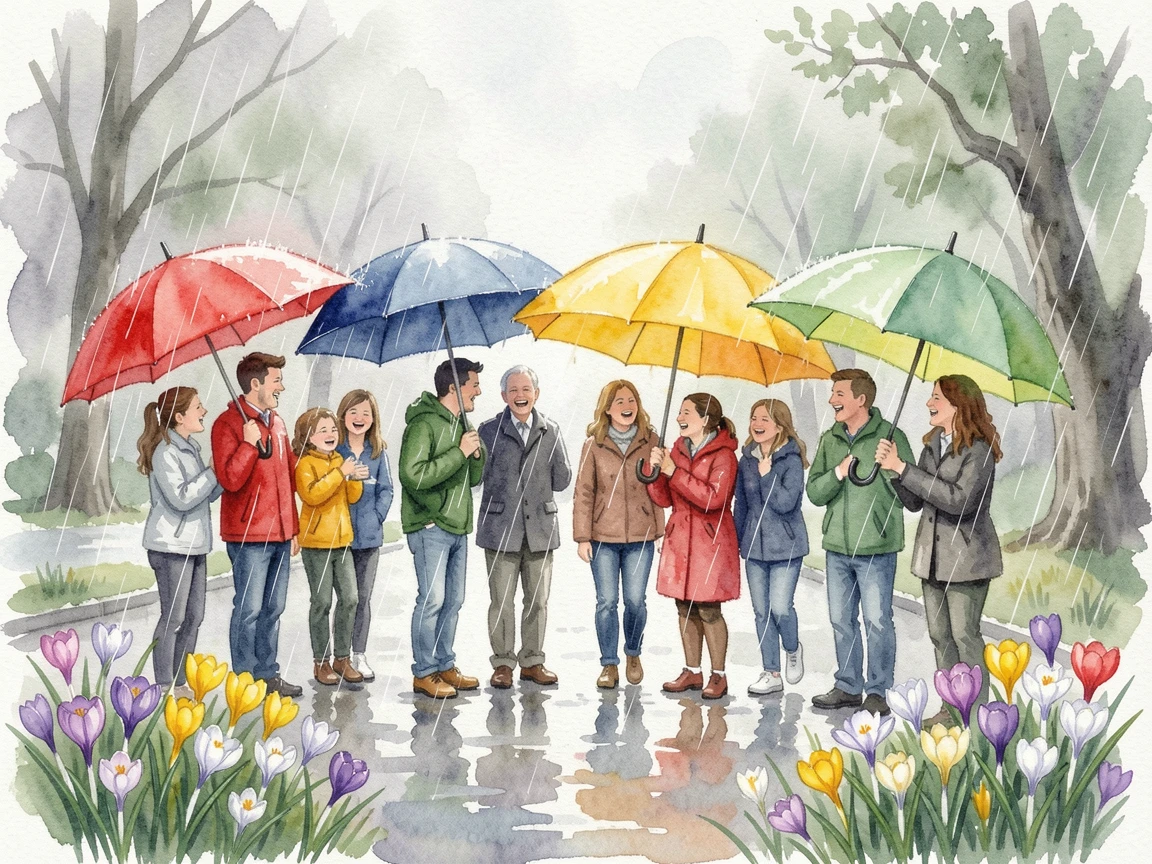 A rainy April day with colorful umbrellas and blooming crocuses surrounded by joyful family and friends.
