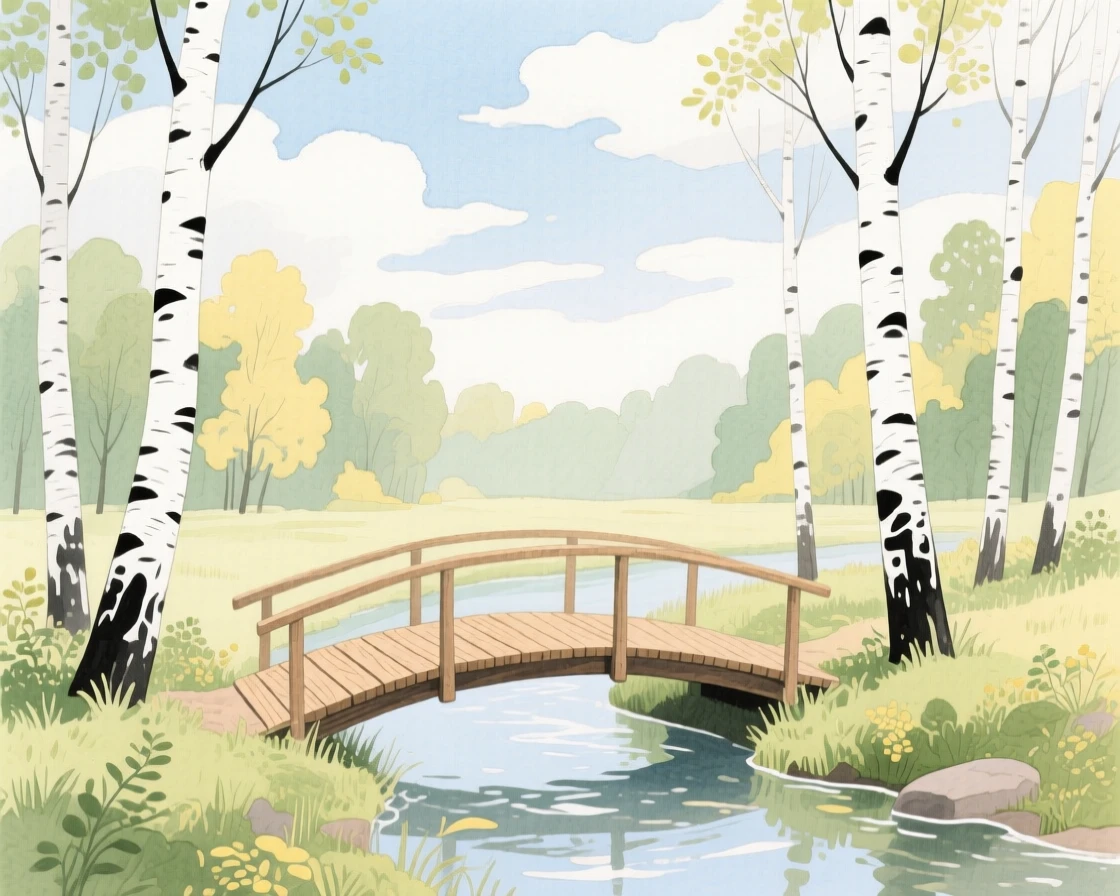A breathtaking view of a birch forest clearing beneath drifting clouds, with a small wooden bridge crossing a stream