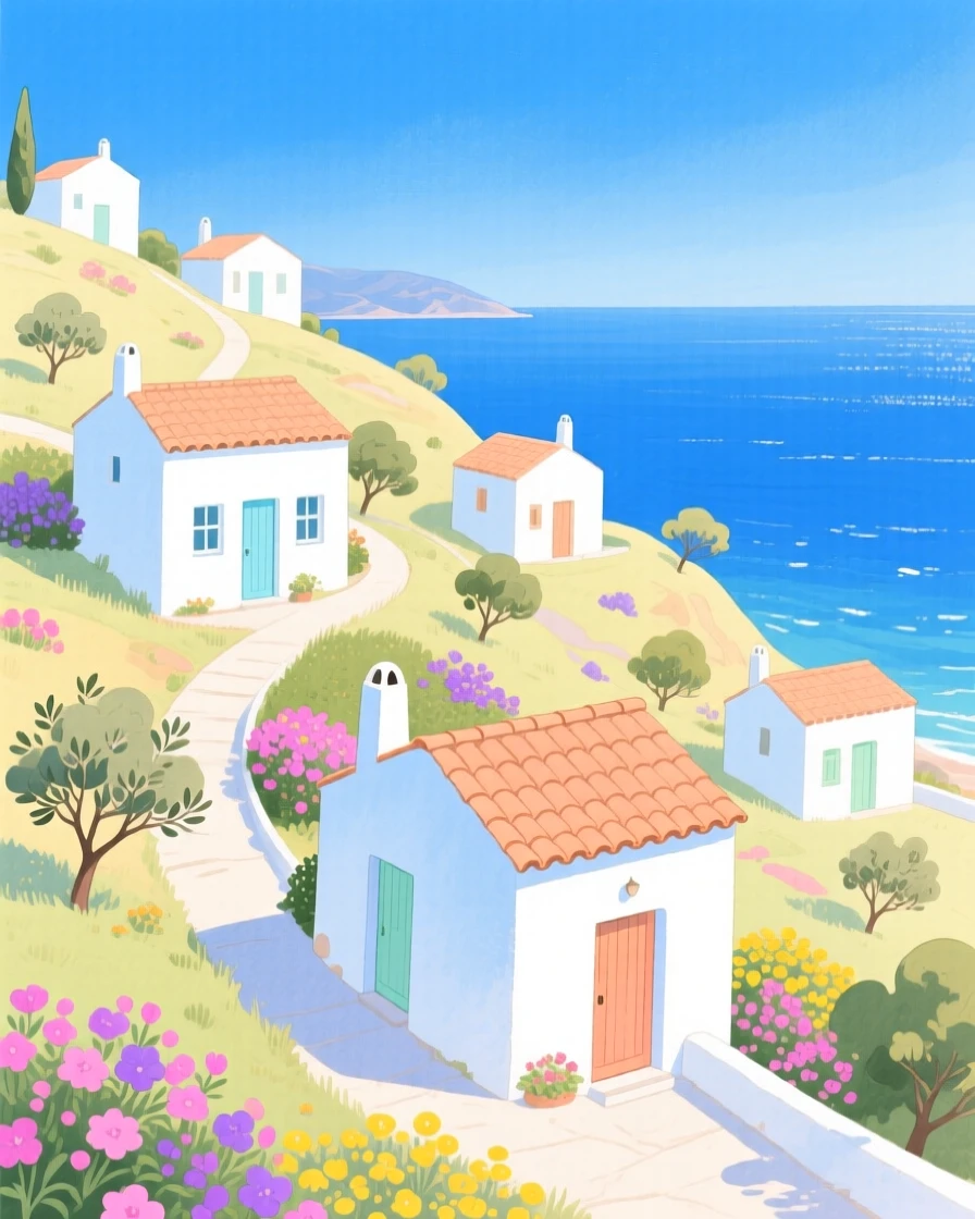 A memorable scene of a hillside village of whitewashed houses over the Aegean Sea.