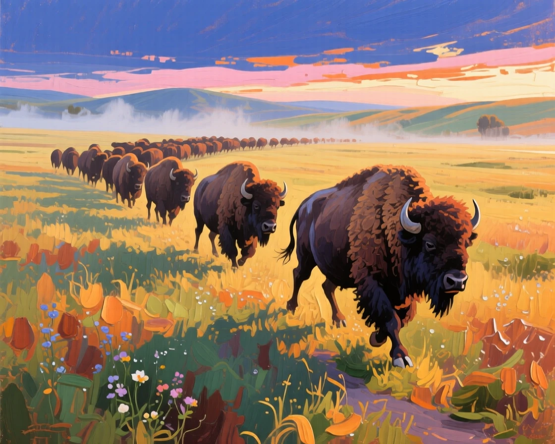 a herd of bison crossing a broad prairie, at dawn, composed along a natural leading line.