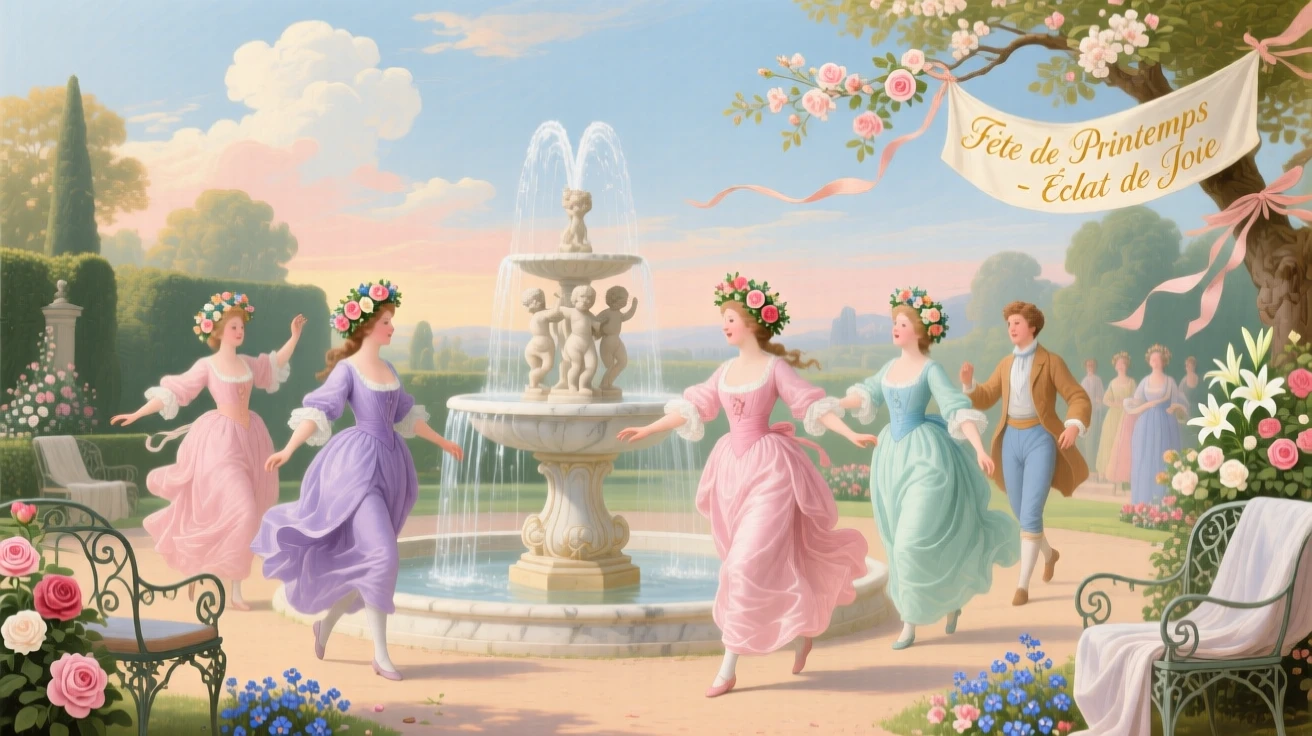 A spring festival of flower crowns and dancing around a fountain  